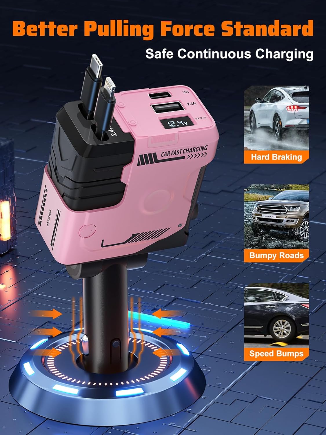 Retractable Car Charger with 4 Shock Absorbers,4 in 1 USB-C Car Charge 69W,Cigarette Lighter Adapter with Retractable Cables (31.5 in) and 2 USB Ports,Road Trip Essentials for iPhone 16