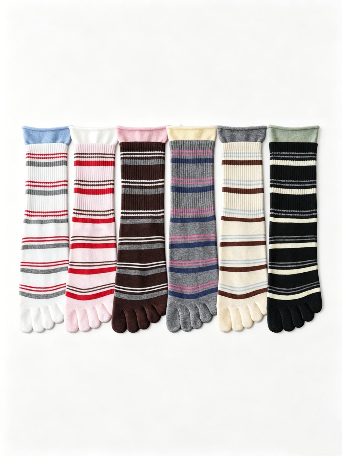 Women's Striped Five-Finger Socks, 3 Pairs Pack, Summer Comfortable Breathable High-Quality Cotton, Mid-Calf Socks for Women