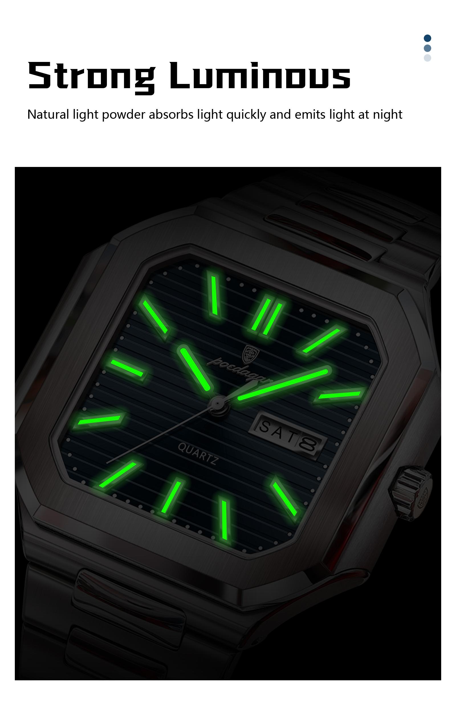 Poedagar square luxury fashion men's waterproof quartz watch, with luminous date and day display, stainless steel men's watch Square dial wristwatch