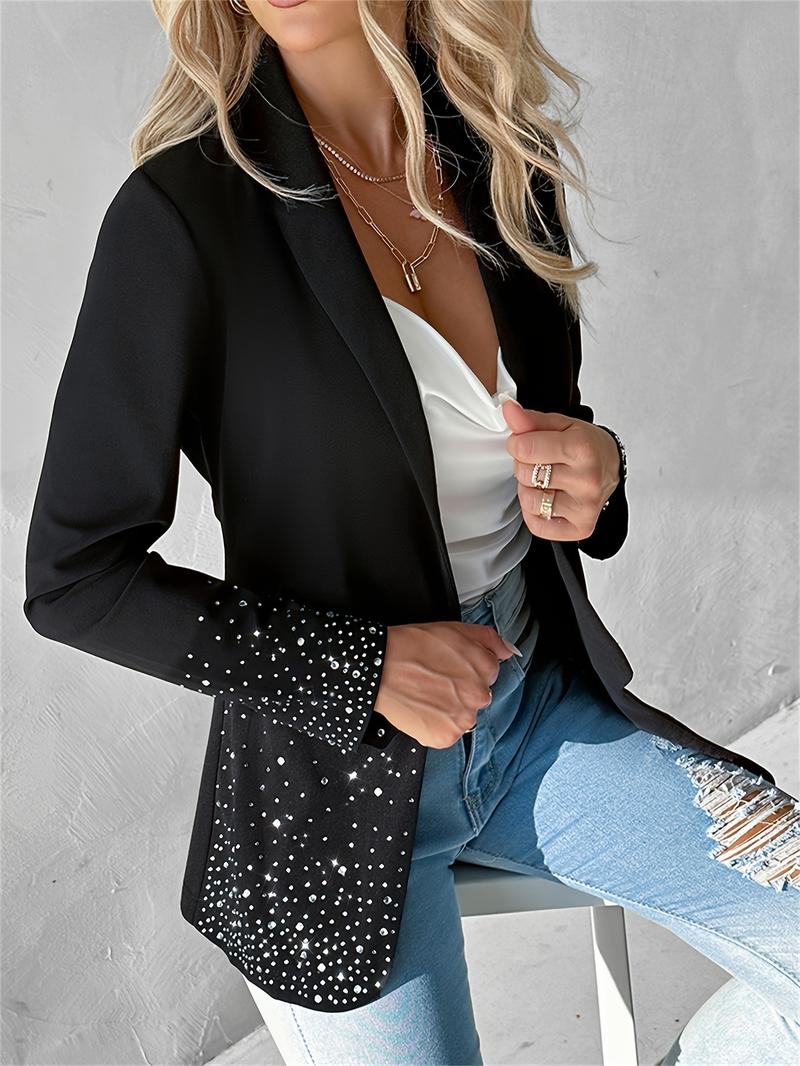 Women's Plain Long Sleeve Blazer Jacket, Elegant Water Drill Decoration, Stylish Business Casual Outerwear for Women