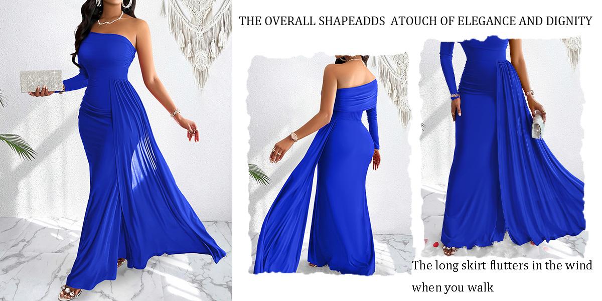 Aliling Women's Elegant Christmas Evening Dress, Asymmetrical One-Shoulder Maxi Gown, High-Waisted Ruched Long Dress, Formal Wear