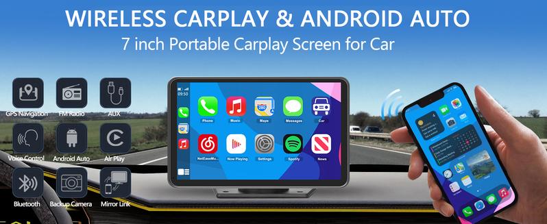 【PASLDA】Portable Wireless Carplay Car Stereo, 7" HD Touchscreen for Car with Apple CarPlay & Android Auto with Backup Camera/Mirror Link/Voice Control/Bluetooth/GPS/AUX for All Vehicles