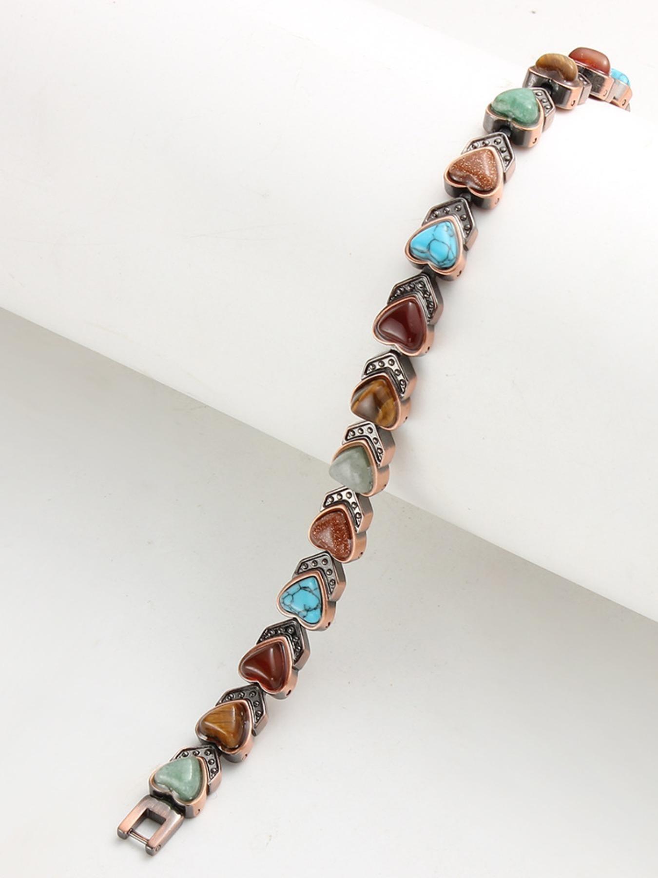 Vintage Magnetic Therapy Bracelet for Women, Couple Sleep Aid Wristband, Solid Copper, Multicolor Stones, Fashion Retro Jewelry