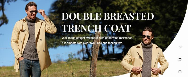 Runcati Men's Coat Double Breasted Trench Coat Long Lapel Business Jacket with Belt