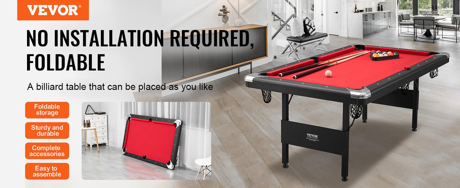 VEVOR Billiards Table, 6.3 ft Pool Table, Portable Foldable Space-Saving Table, Billiard Table Set Includes Balls, Cues, Chalks and Brush, Black with Red Cloth, Perfect for Family Game Room Kid Adult VEVOR Billiards Table, 6.3 ft Pool Table, Portable Foldable Space-Saving Table, Billiard Table Set Includes Balls, Cues, Chalks and Brush, Black with Red Cloth, Perfect for Family Game Room Kid Adult