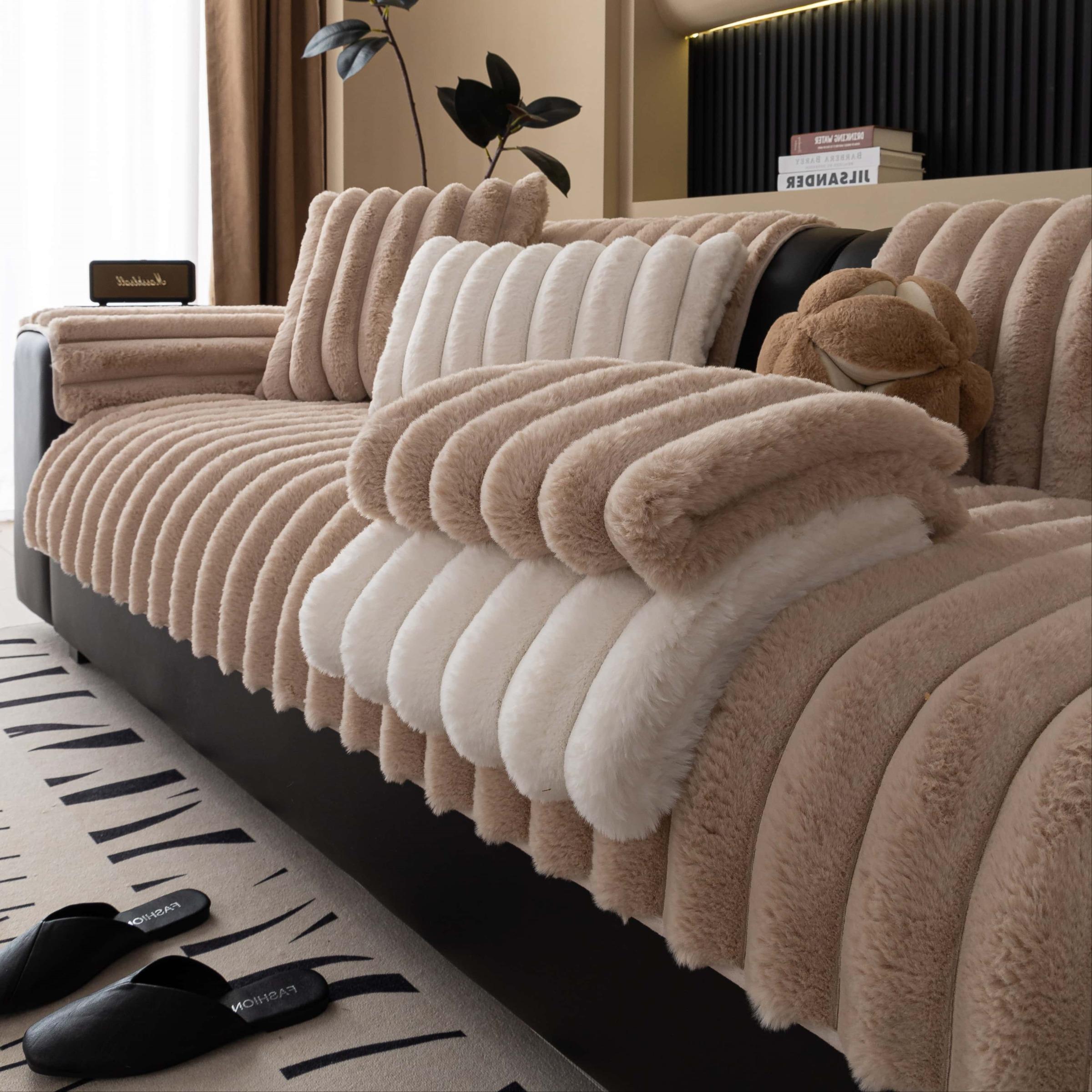 Solid-colour plush sofa couch, Pet-Friendly Extra Thick Sofa pad, Soft Fluffy Fur Couch Protector, Non-Slip Washable couch cover, Sofa Couch Covers, Anti-Scratch Furniture Throw Blanket for Living Room, 3-Seater, Multi-Color Available, Couch Slipcover