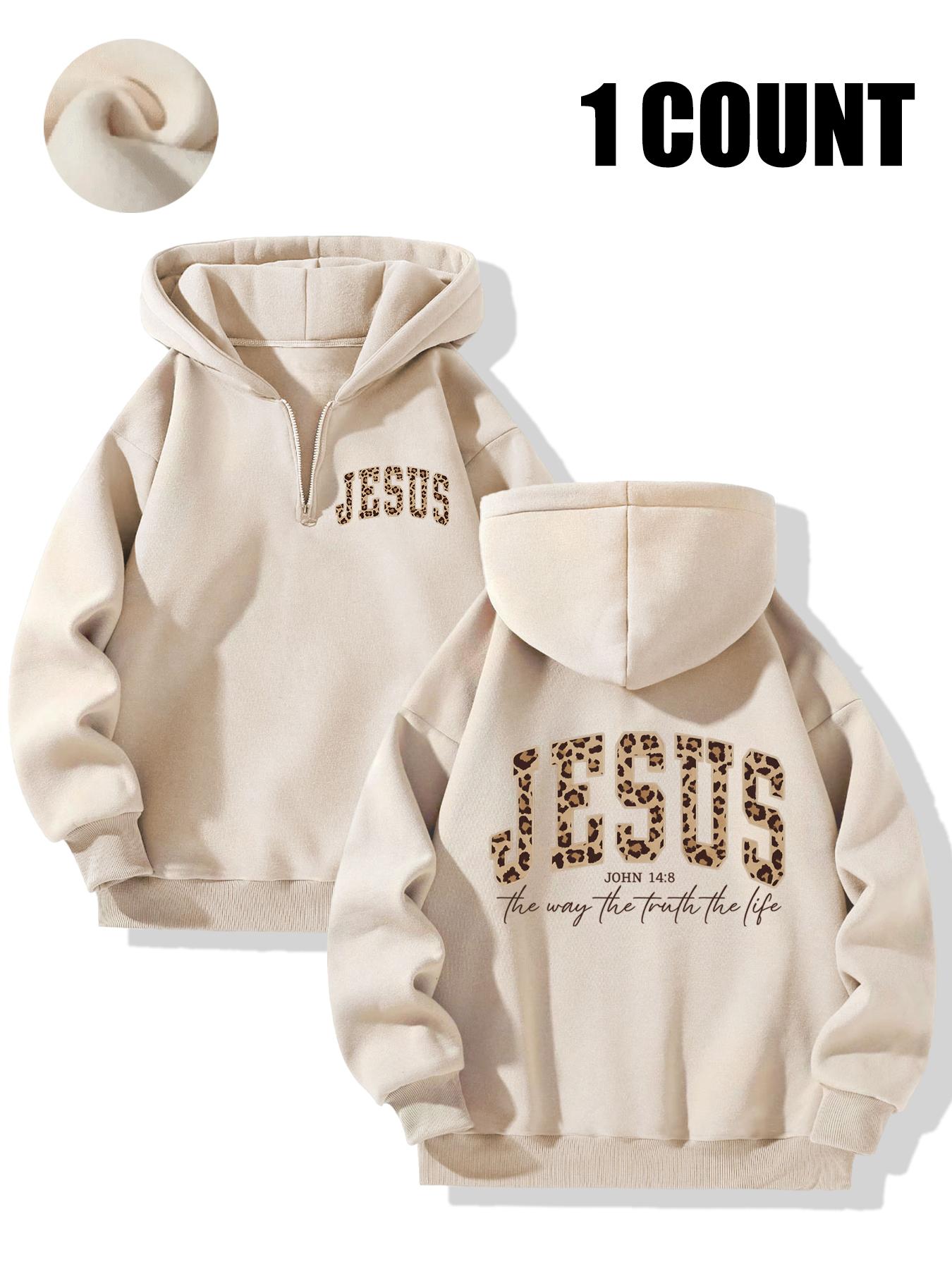 Women's Oversized Leopard Print Christian Hoodie, Half Zip Fleece Sweatshirt with Biblical Verse John 14:8 Jesus Graphic, Trendy Faith-Based Streetwear Oversized Hoodie for Women, Christian Jesus Sweatshirt, The Way The Truth The Life