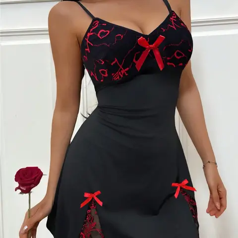 Women's Elegant Sleep Dress, Fitted Heart Pattern Nightgown, Sexy Home Wear, Romantic Valentine Gift, All Seasons Comfort, Vneck Nightgown