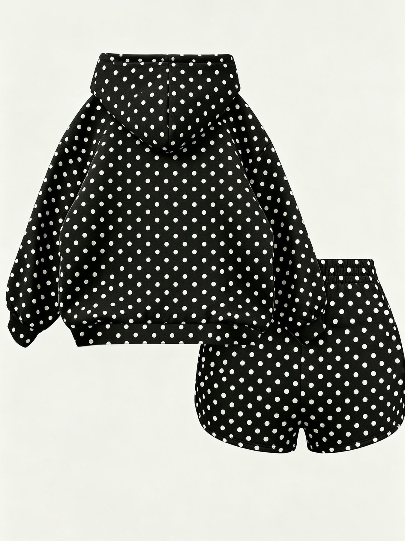 New autumn women's polka dot hoodie & shorts two-piece set, loose fit with drawstring design, casual home style, perfect for staying at home, walking, weekend outings, and travel outfits #PolkaDotStyle #LoungewearSet #CasualOOTD #HoodieSet