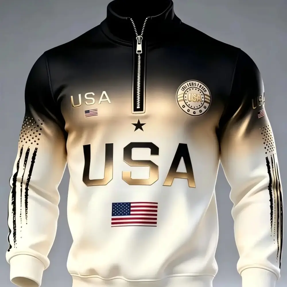 American Style Gradient Half-Zip Stand Collar Sweatshirt for Men, Athletic Sweatshirts, Flag Print Trendy Sports Casual Top, Fashionable Hoodie