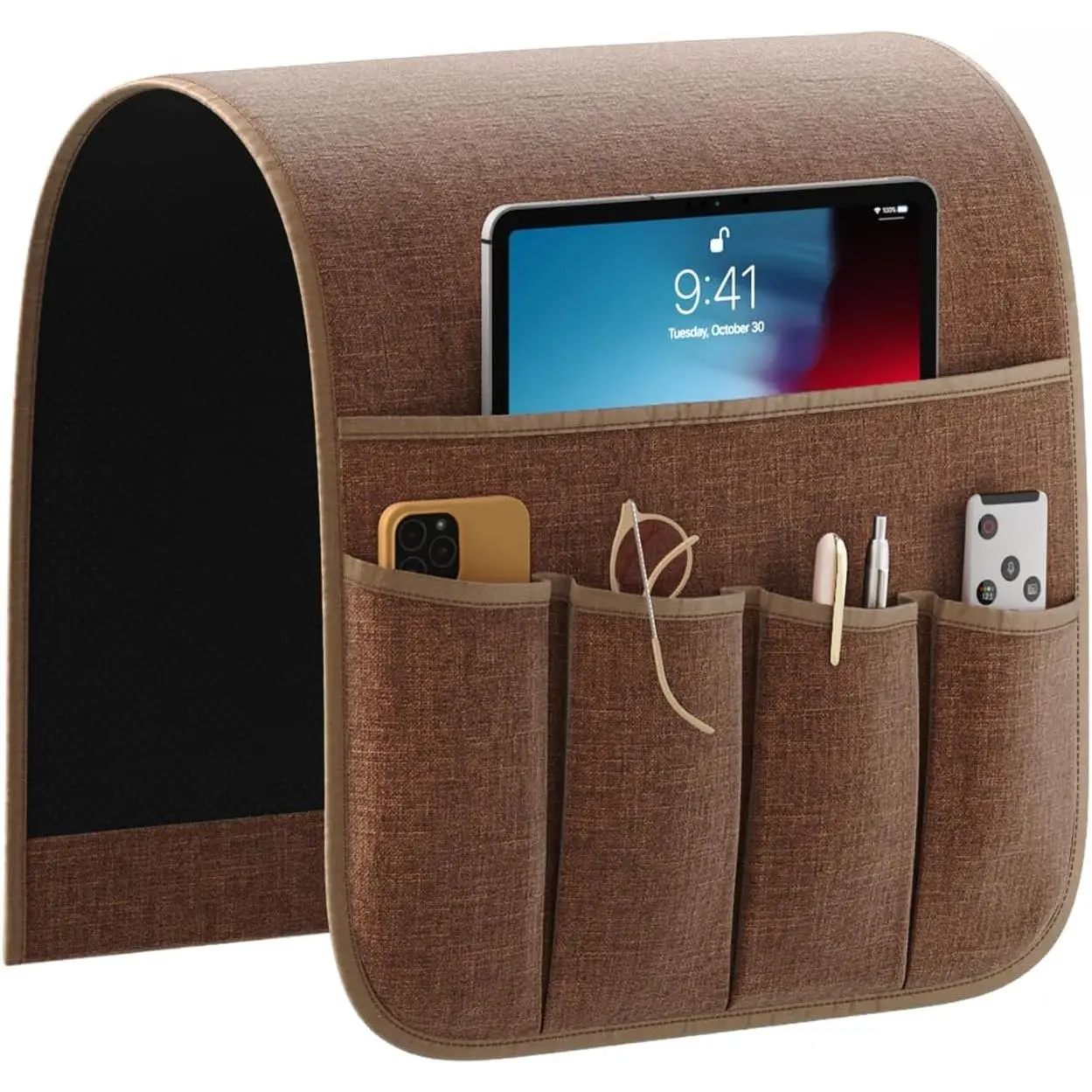 Sofa Armrest Organizer Non-Slip Remote Control Holders for Recliner Couch Chair Armchair Caddy with 5 Pockets for Table,Cell Phone,Ipad,Magazines,Books (Coffee, 13 x 35 Inch)