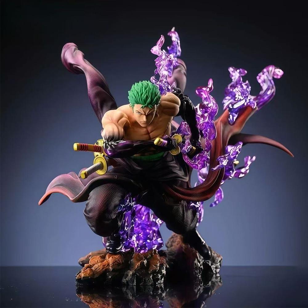 One Piece Roronoa Zoro Figure, Enma Haki Battle Scene, Purple Flame Effect Statue, Anime Model Decor，Drift Rock Base, Desktop Decor Figurine