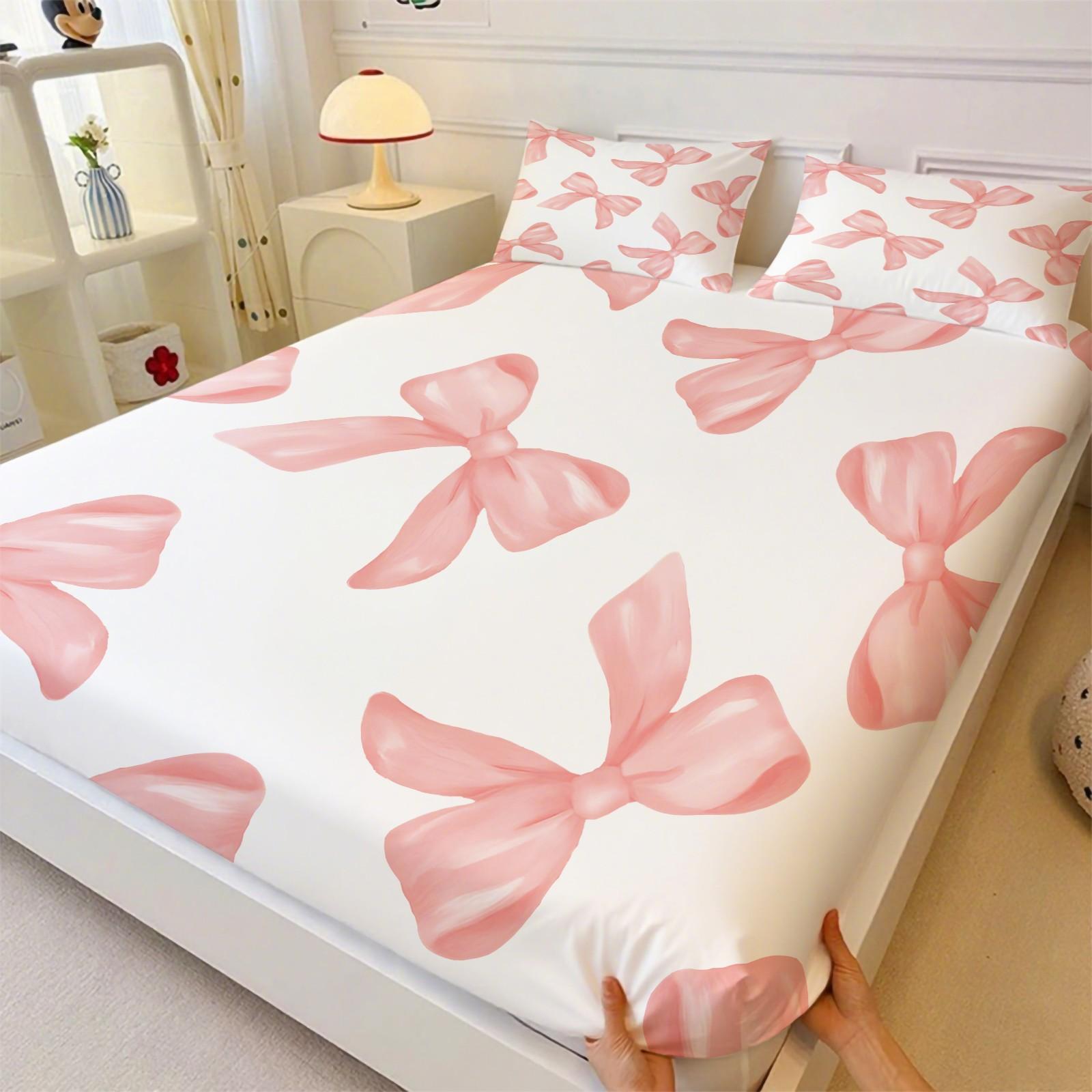 Y2K Watercolor Nude Pink Bow Microfiber Fitted Sheet Set, Soft Comfy Bedding, Includes 1 Fitted Sheet & 2 Coreless Pillowcases, Soft, Breathable Fabric, Deep Pocket Anti-Slip All Season Bedding Set, Princess Style Bedroom Decor