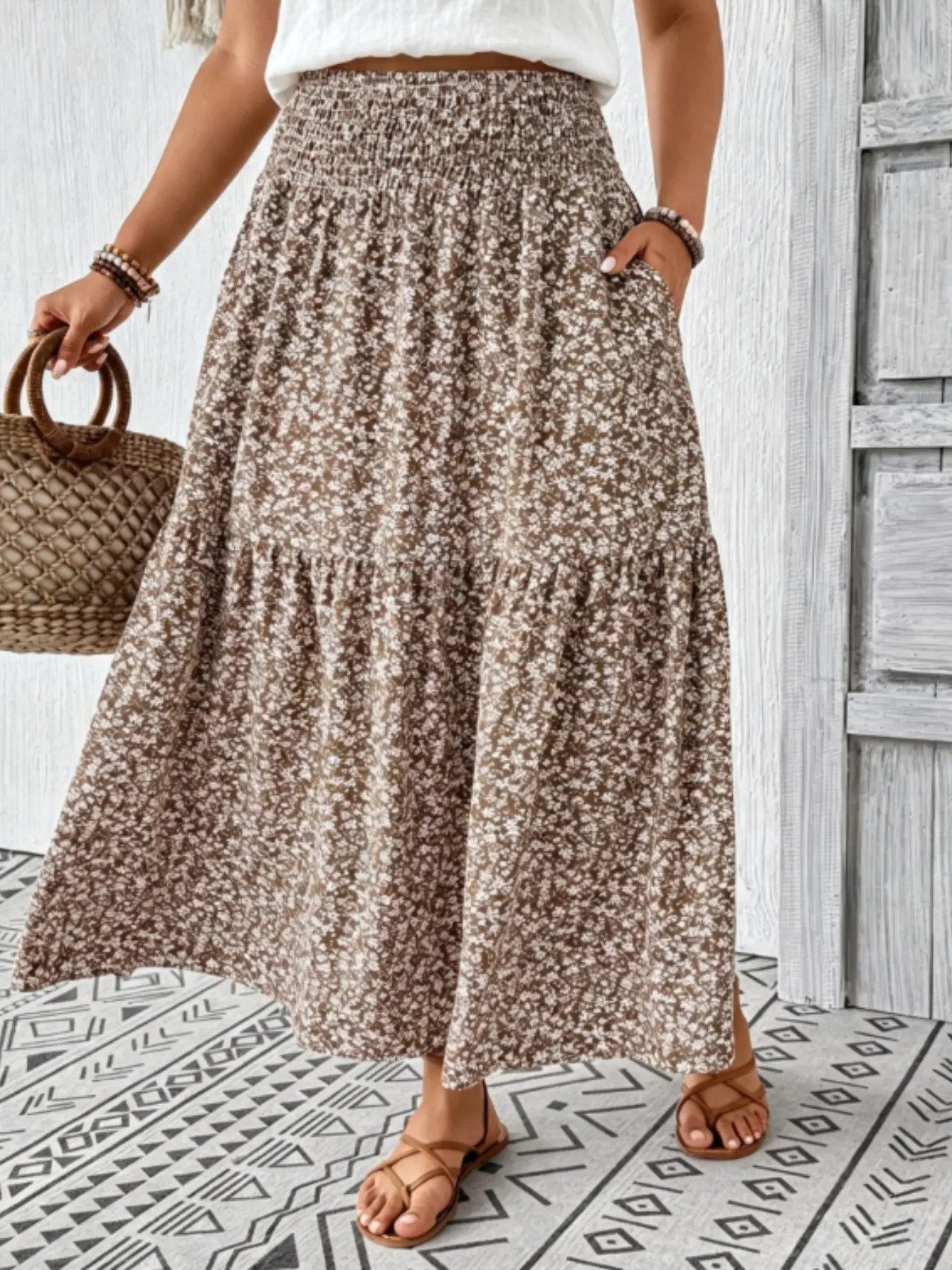 Women's Plus Size Fall Floral Long Skirt, Loose-Fitting Mid Waist Casual Style Skirt, Unlined Plain Surface Skirt for Everyday Wear