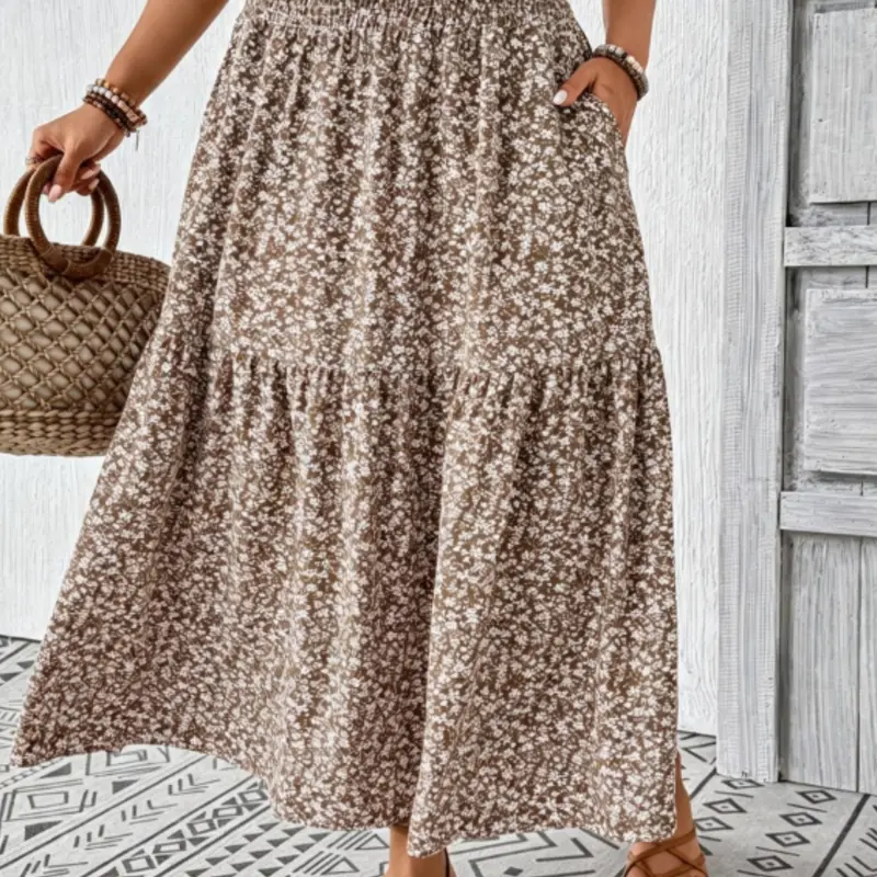 Women's Plus Size Fall Floral Long Skirt, Loose-Fitting Mid Waist Casual Skirt, Unlined Plain Surface Skirt for Everyday Wear Bottoms