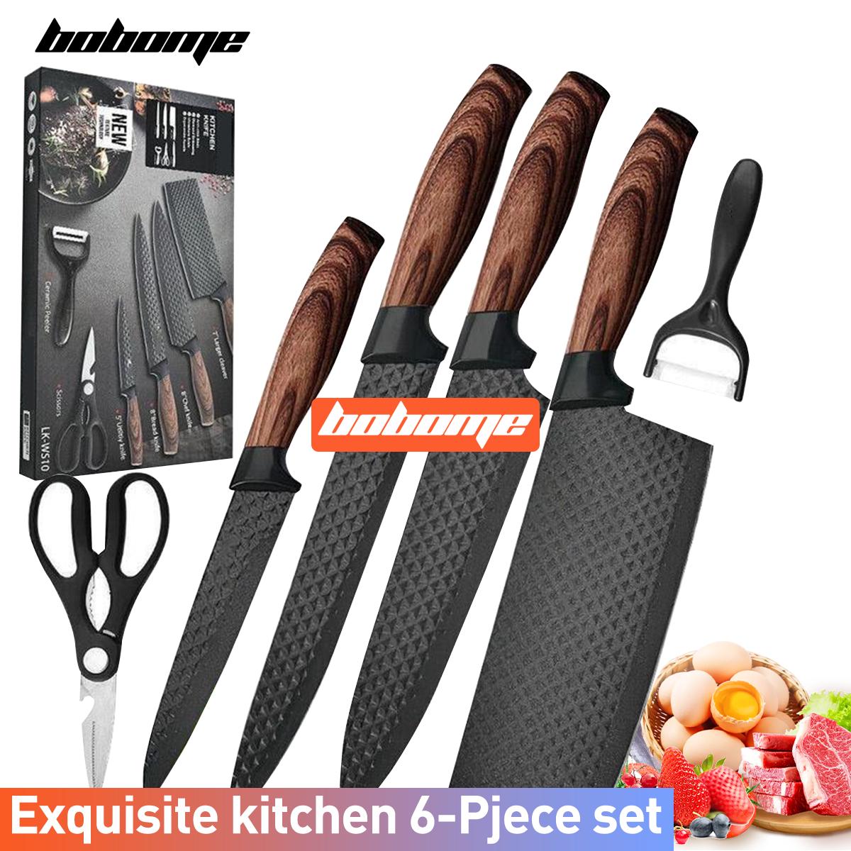 6 Piece Kitchen Knife Set - Chef Knife Set with Non-Stick Stainless Steel and Ergonomic Wood Handle - Kitchen Knives, Block Knife Block Wooden