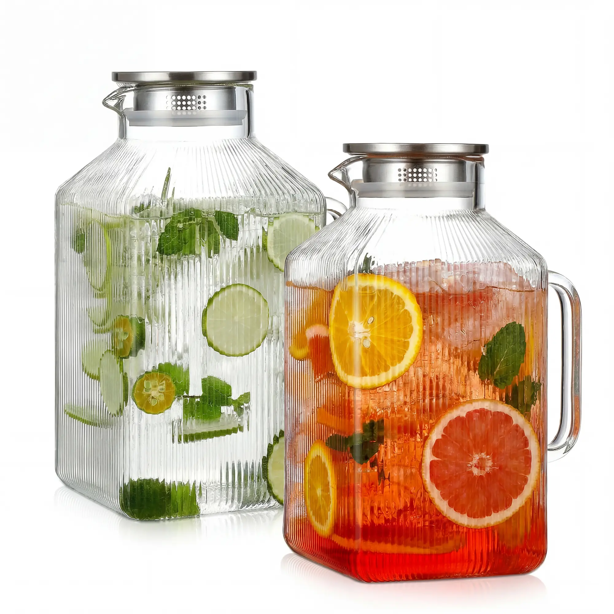 2-Pcs Thick Glass Water Pitcher Set with Handle, Silicone Details & Lid, 3800ml (1 gal) Square Ribbed Carafe with Strainer, Thermal Beverage Jug for Fruit Juice, Iced Tea, 2Pcs