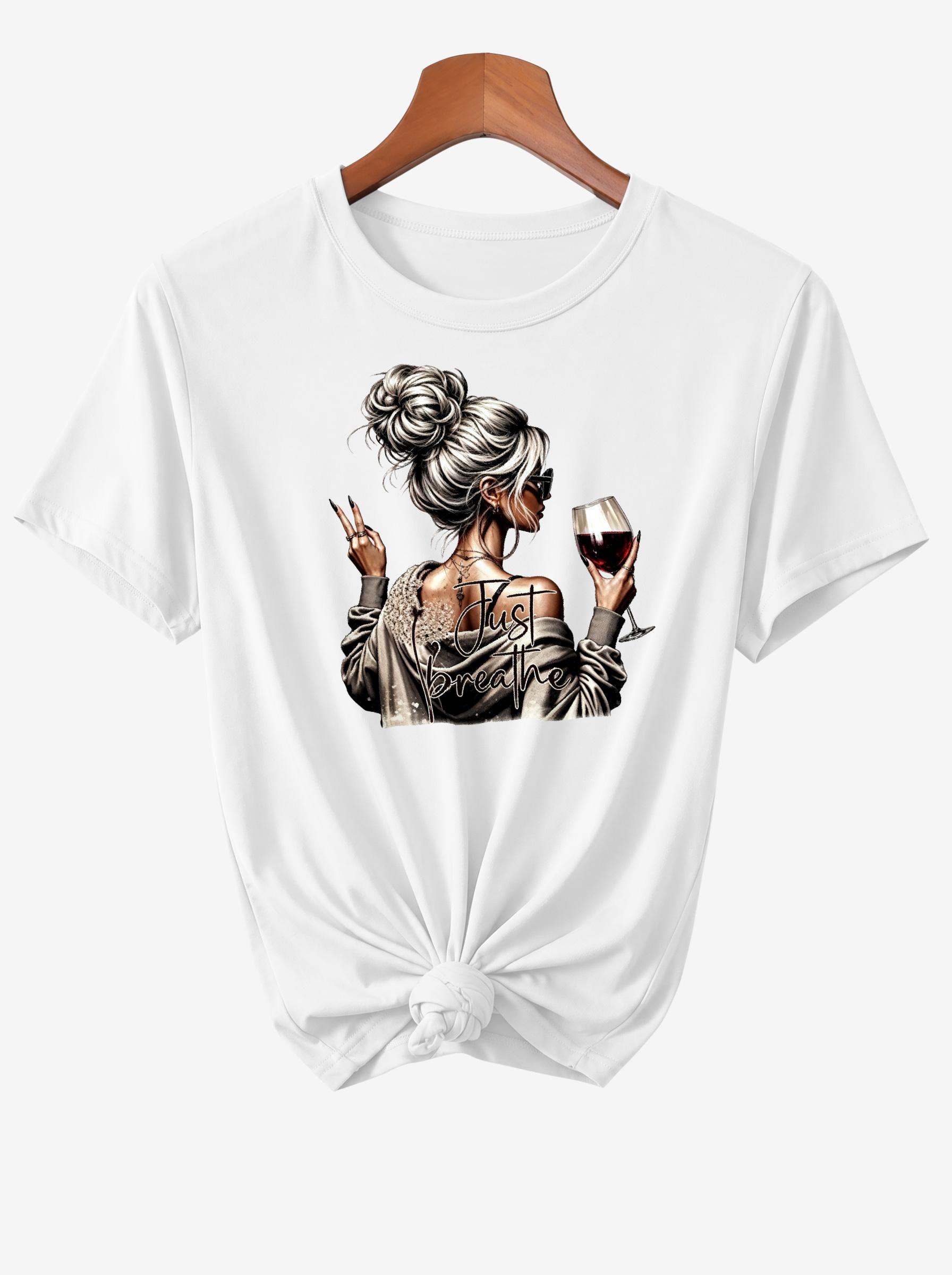 Women's Lazy Bun Wine Girl Print Short Sleeve T-Shirt, Fashion Casual Round Neck Summer Loose Top, Ideal Gift for Wine Lovers, Mom, Best Friend
