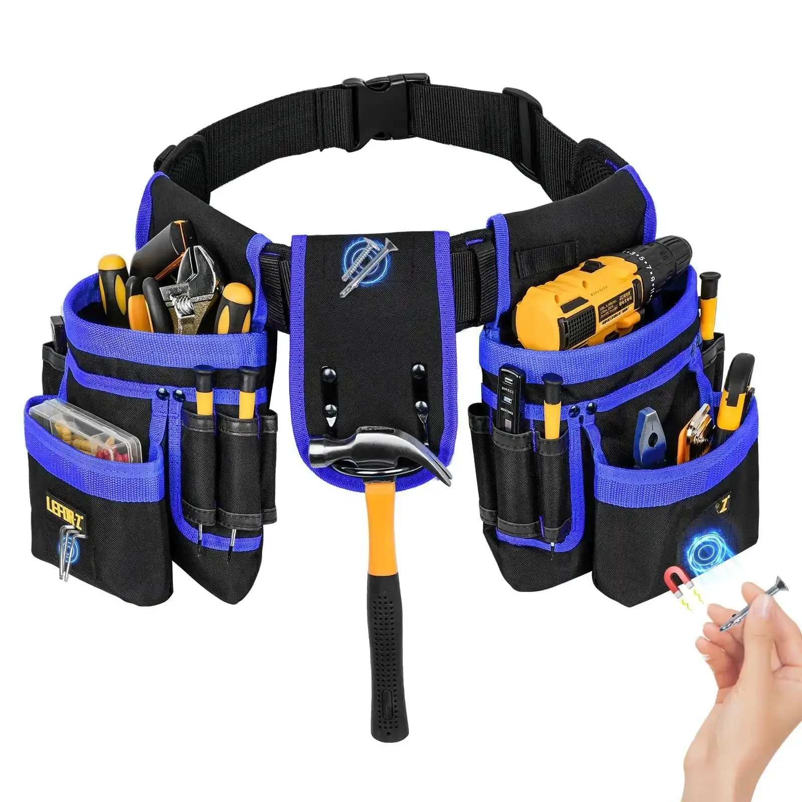 27-Pocket Magnetic Tool Belt - Heavy-Duty Detachable Pouches, Quick-Release Organizers, Waist-Size-Fit Holder for Electricians/Carpentry, Ideal Men's Gift (Black & Blue Options)