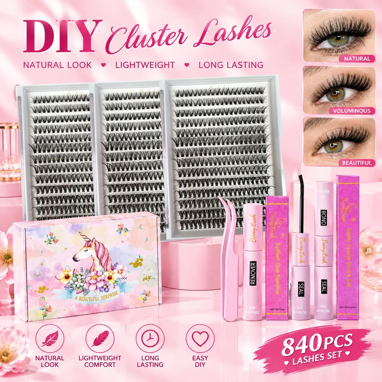 SALE! 840PCS Eyelash DIY Cluster Lashes Kit Unicorn Box, Natural Voluminous Wispy Lash Extensions Full Set with Bond Seal Remover Tweezers, Lightweight Long Lasting Easy DIY At Home
