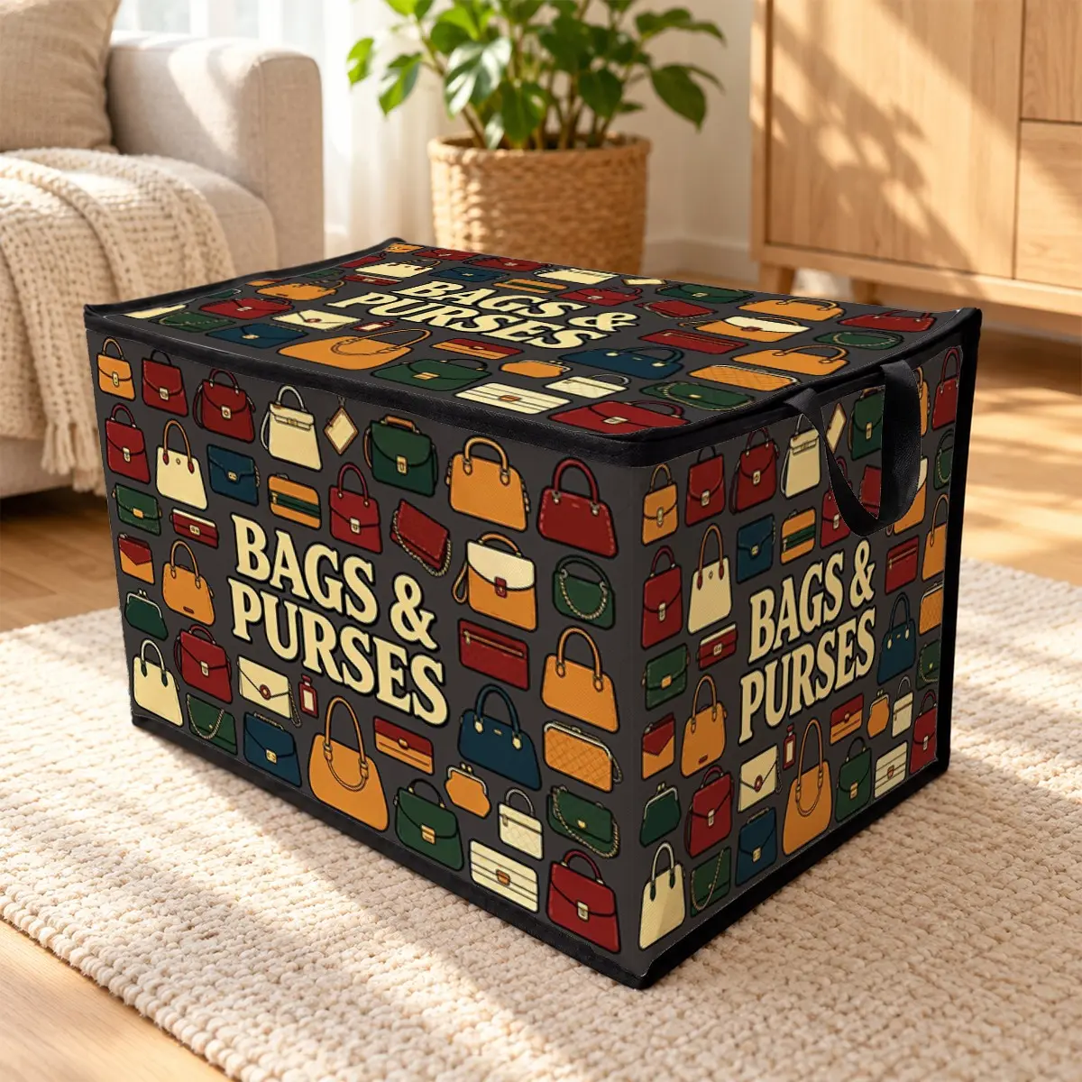 1pc Bags & Purses Vintage Handbag Print Fabric Storage Bin with Zipper Flip Lid, Sturdy Zipper, Portable Foldable Design, for Office, Living Room, Closet, Laundry Room, Car Trunk, Ideal Storage for Seasonal Clothes & Sundries