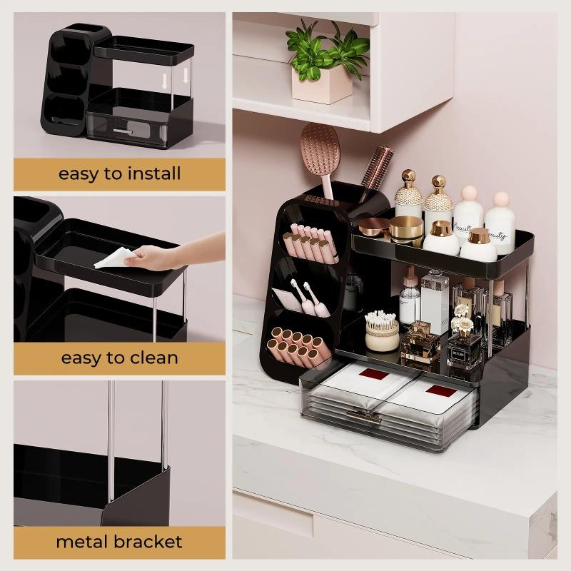 Large Capacity Makeup Storage Box, Makeup Brush, Lipstick, Eyebrow Pencil, Pocket Mirror, Desktop Makeup Organizer for Home & Travel, Cosmetics Organizer Storage, Makeup Brushes Organizer, Accessory Drawer, Gift, jewelry organizer