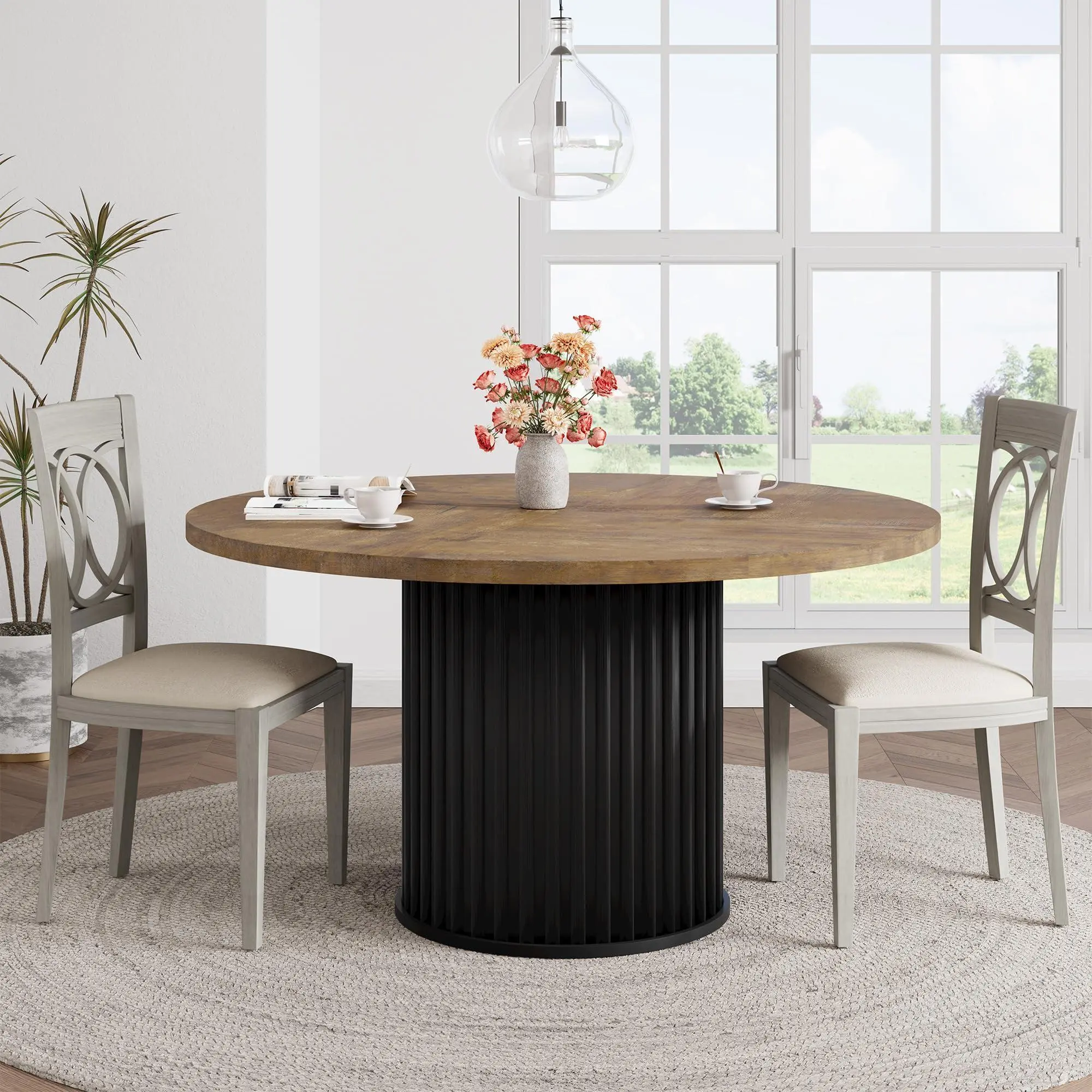 GARVEE Retro Brown 47" Round Dining Table for 4-6 People, Dining Room Table with Sturdy Waveform Metal Pedestal Base, Farmhouse Circle Kitchen Table for Dining Room, Kitchen