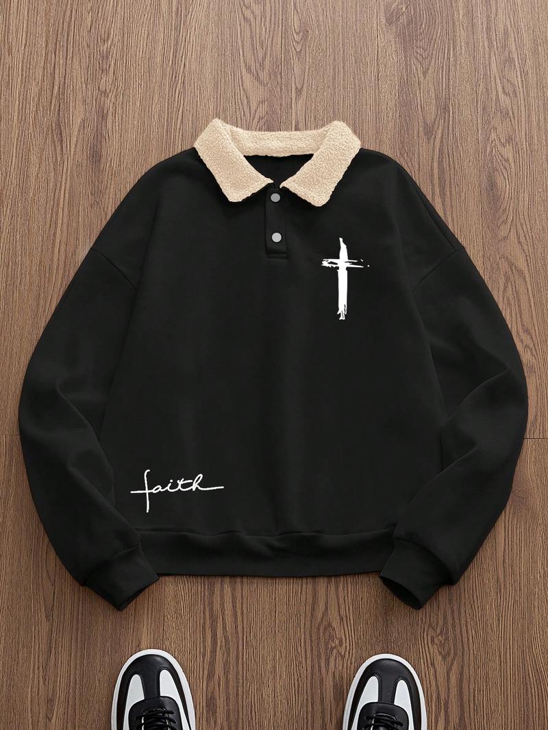 Men's Fleece Pullover Sweatshirt, Winter Warm Windproof Design, Trendy Cross Print Hoodie with Button Detail, Preppy Style