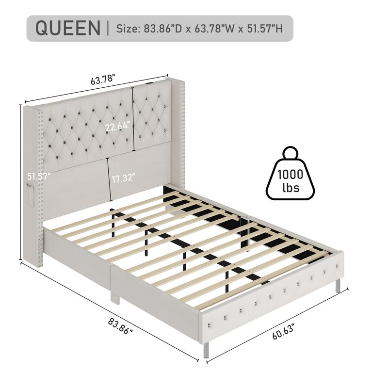 Queen LED Upholstered Bed Frame with Wingback Headboard, Velvet Diamond Button Tufted Bed Frame with USB & Type-C Ports, Wood Slats Support, No Box Spring Needed, Cream White/Dark Gray