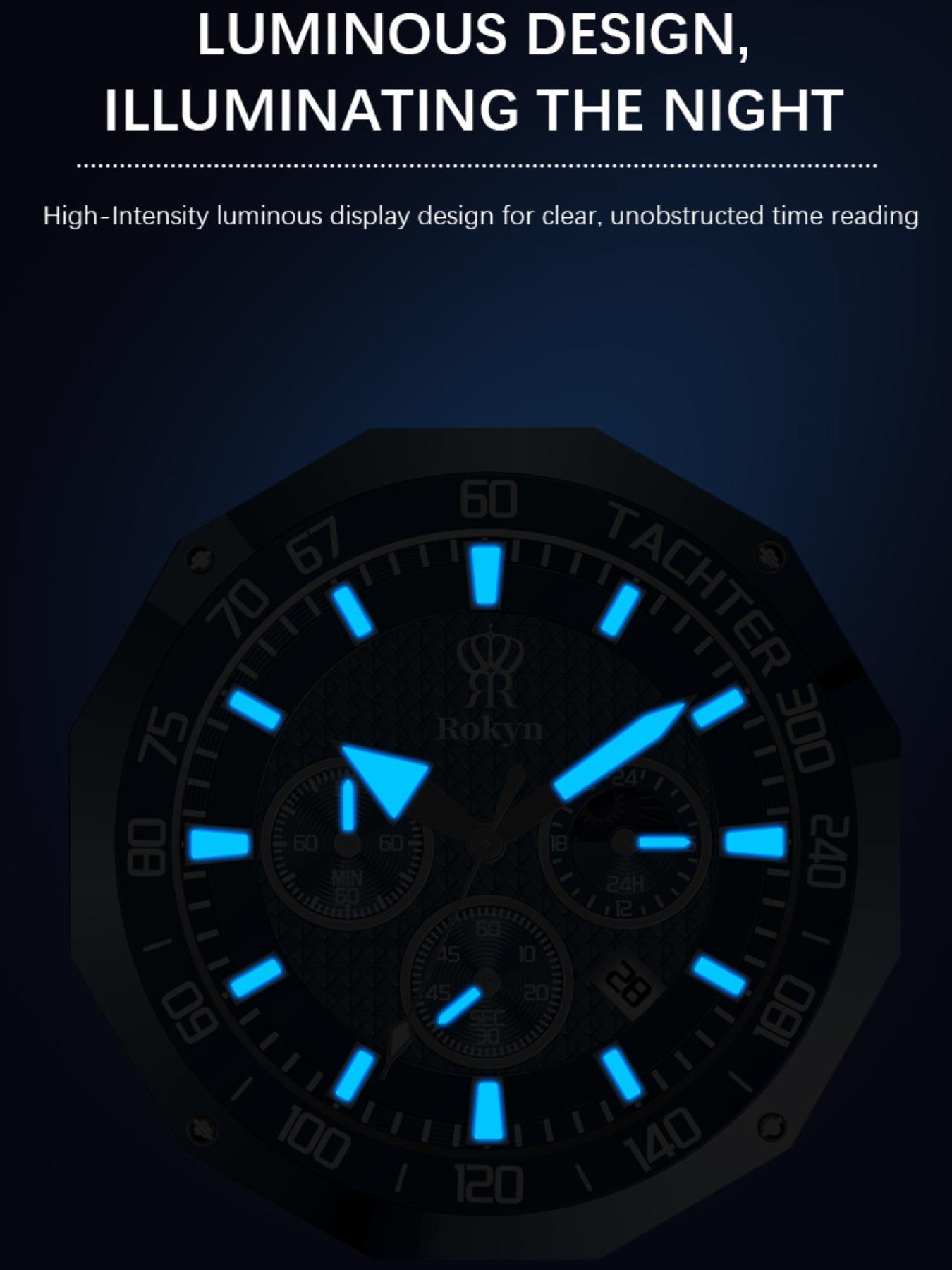 Rokyn Multifunctional Steel Band Quartz Watch, Waterproof Night Glow Moon Phase Timer, Men's Three Eye Six Needle Wristwatch