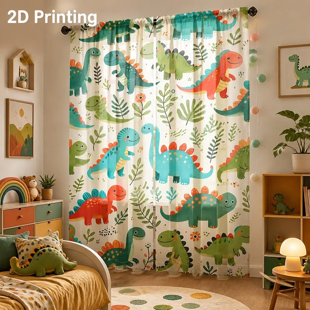Cartoon Dinosaur Print Curtains Set, Half-Transparent Polyester Fabric, Rod Pocket Design, Bedroom Living Room Dining Decor, Home Decoration Curtain, Home Decorative Curtain, Window Curtain, Window Drapes, Window Hanging
