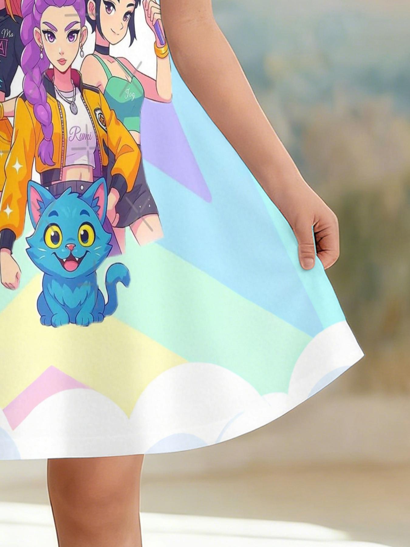 Girls' 3D Kpop Dress, Macaron Color Star Cloud Print A-Line Skirt, Perfect for Parties, Festive Gifts, Birthday Presents