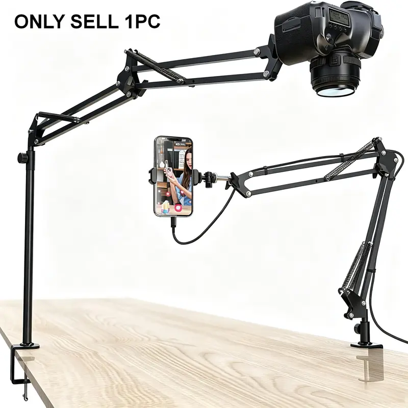 Overhead Tripod Mount for Camera, Camera Accessories, Webcam and Ring Light, Flexible Phone Holder with Ball Head and Clip, Table Stand for Phone Video Recording, Live Streaming and Selfie Fill Light, Smartphone Tripod Stand
