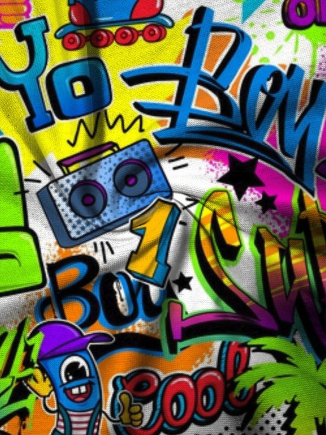 Summer Boys' Cartoon Graffiti Print Drawstring Beach Pants, Kids Loose Fit Trendy Brand Swim Shorts, Casual Short Hems