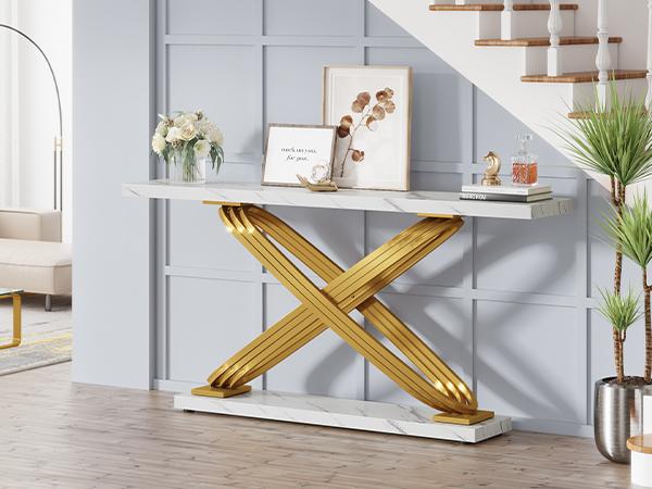 LITTLE TREE 55 Inch Modern Console Table, Faux Marble Gold Entryway Table Behind Sofa Couch, Narrow Rectangular Sofa Table for Living Room, Bedroom, Front Hall, Hallway LITTLE TREE 55 Inch Modern Console Table, Faux Marble Gold Entryway Table Behind Sofa Couch, Narrow Rectangular Sofa Table for Living Room, Bedroom, Front Hall, Hallway