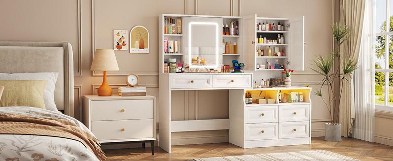 Vabches 58.6" Large Vanity Desk with Sliding Mirror & Lights, Black Makeup Vanity Table & Nightstand Combo with Power Outlet and 6 Drawers 15 Shelves with Light Strips for Bedroom Dressing Room