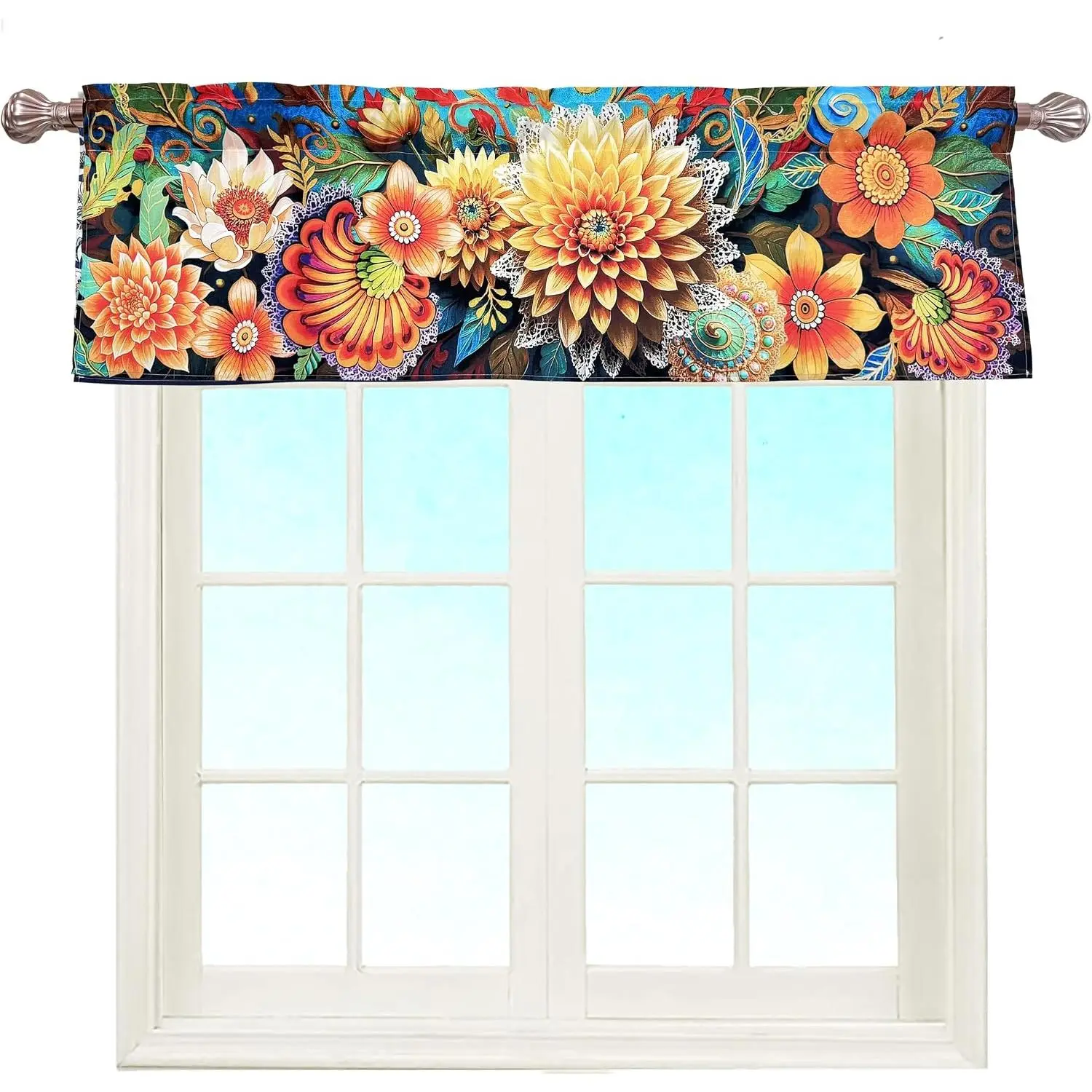 Boho Abstract Bright Dahlia Floral Valance 52 x 16 Inches | Bohemian window valance, dahlia flower , light filtering, rod pocket top, kitchen living room bedroom, décor
