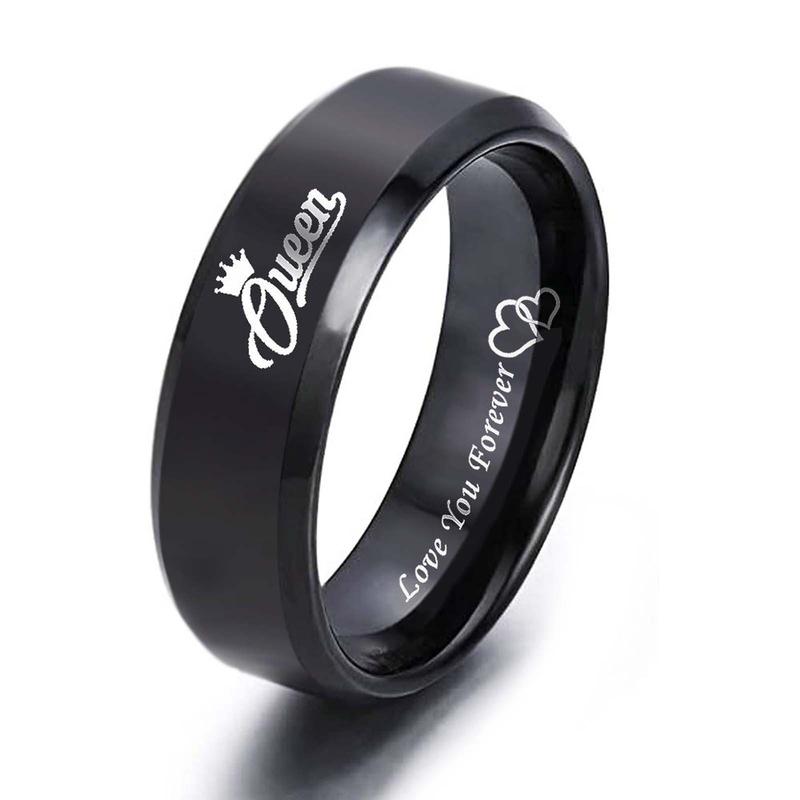 Black King Queen Letters Love You Forever Heart to Heart Couple Ring Titanium Steel Unisex Jewelry