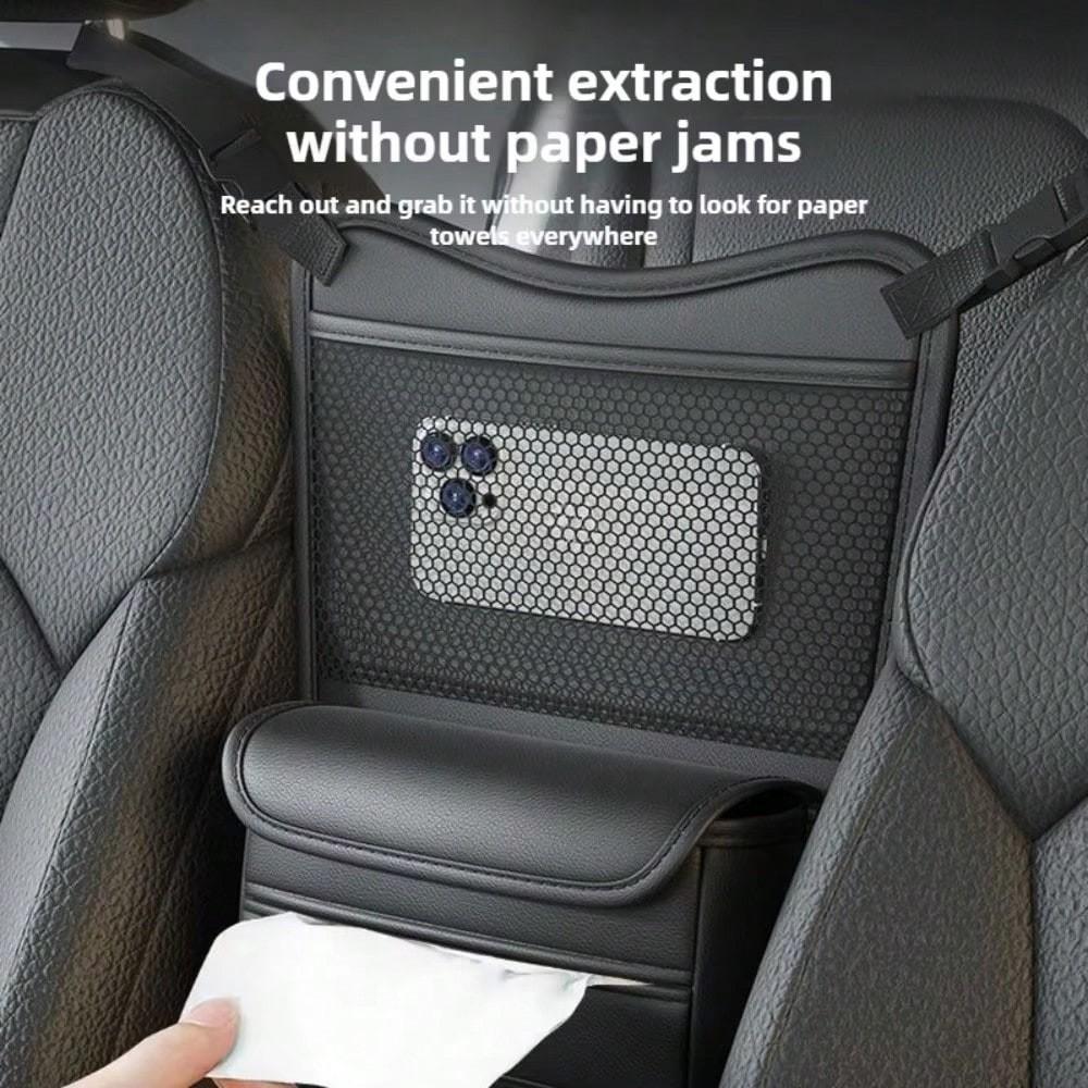 Car Organizer Storage Between Seats, PU Leather Front Seat Storage Bag with Tissue Holder, Automotive Console Hanging Net Pocket Handbag Holder for Phone Document