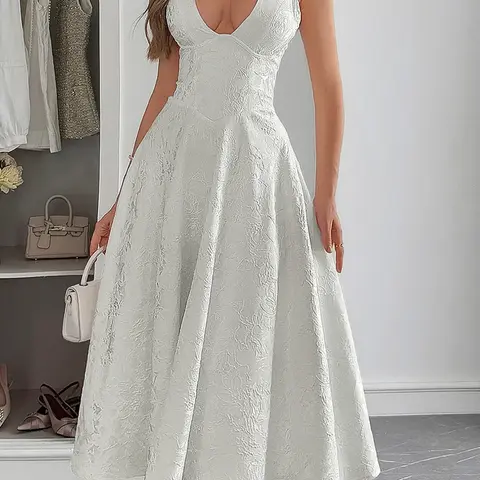 Fashion Elegant Chic Halter Lace-Up Embroidered Waist V-Neck Sleeveless Dress, Long Plain Party Gown, Embellished Prom Gown, Evening Gown, Formal Wear, Dresses for Party, Fitted Style for Lady Women