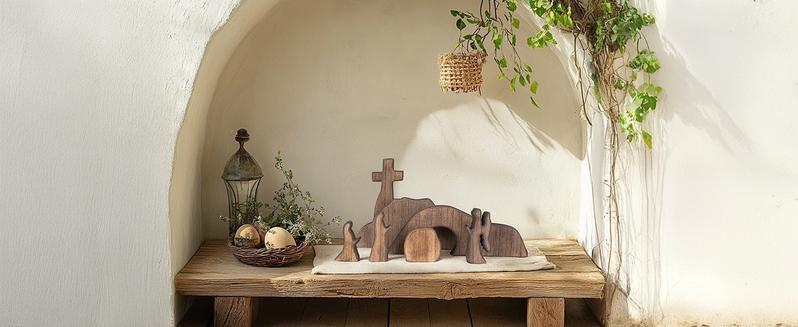 Wooden Easter Resurrection Scene Cross, Empty Tomb Easter Scene & Cross Decoration, Jesus Tomb Tray Set for Religious Home Office