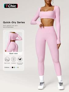 two-piece set women's solid long sleeve crop top & high waist leggings tracksuit set, sporty quick-dry outfits for yoga gym workout running, ladies sportswear activewear for all seasons, workout sets women
