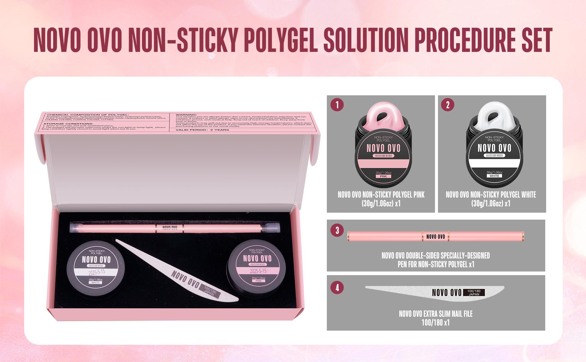 NOVO OVO Upgraded NON-STICKY Polygel Solution Procedure Set, White and Pink non-sticky Poly Gel, Dual-Ended Nail Pen, Extra Slim Nail File, Easy to Use Together with Toe or Hand Nail Dual Forms