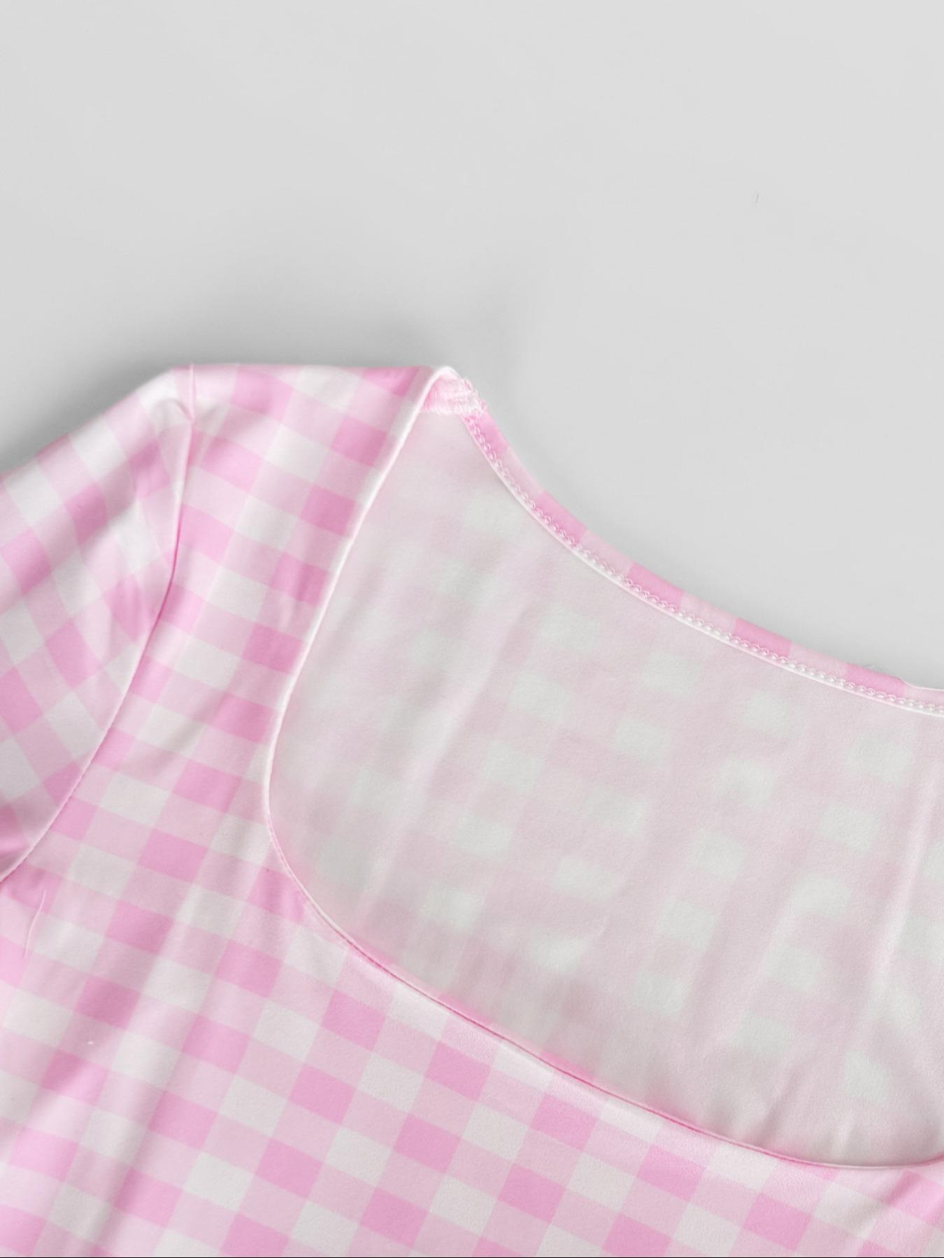 Women Pink Gingham Square Neck Long Sleeve Top Slim Fit Stretchy