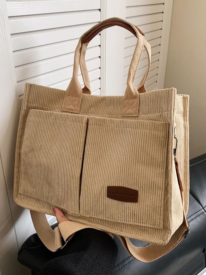 Women's Casual Minimalist Corduroy Tote Bag, Letter Patch Decor Shoulder Bag for Daily Used, Casual Trendy Versatile High-quality Daily Commuting Bag, Girl Fashionable Shopping Bag, Casual Commuter Bag