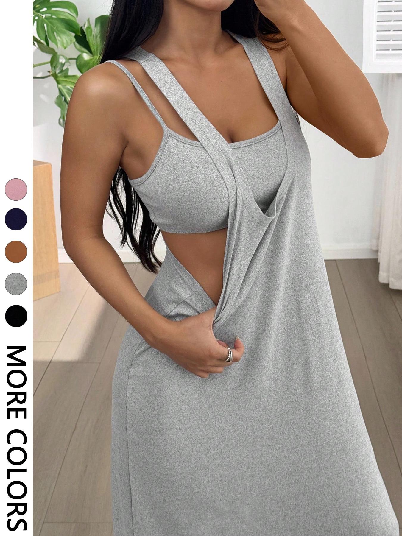Women's 2pcs Heather solid color Tank Top & Cutout Maxi Dress Set , Soft Stretchy Fabric & Double-Strap Design Women's 2pcs Heather solid color Tank Top & Cutout Maxi Dress Set , Soft Stretchy Fabric & Double-Strap Design