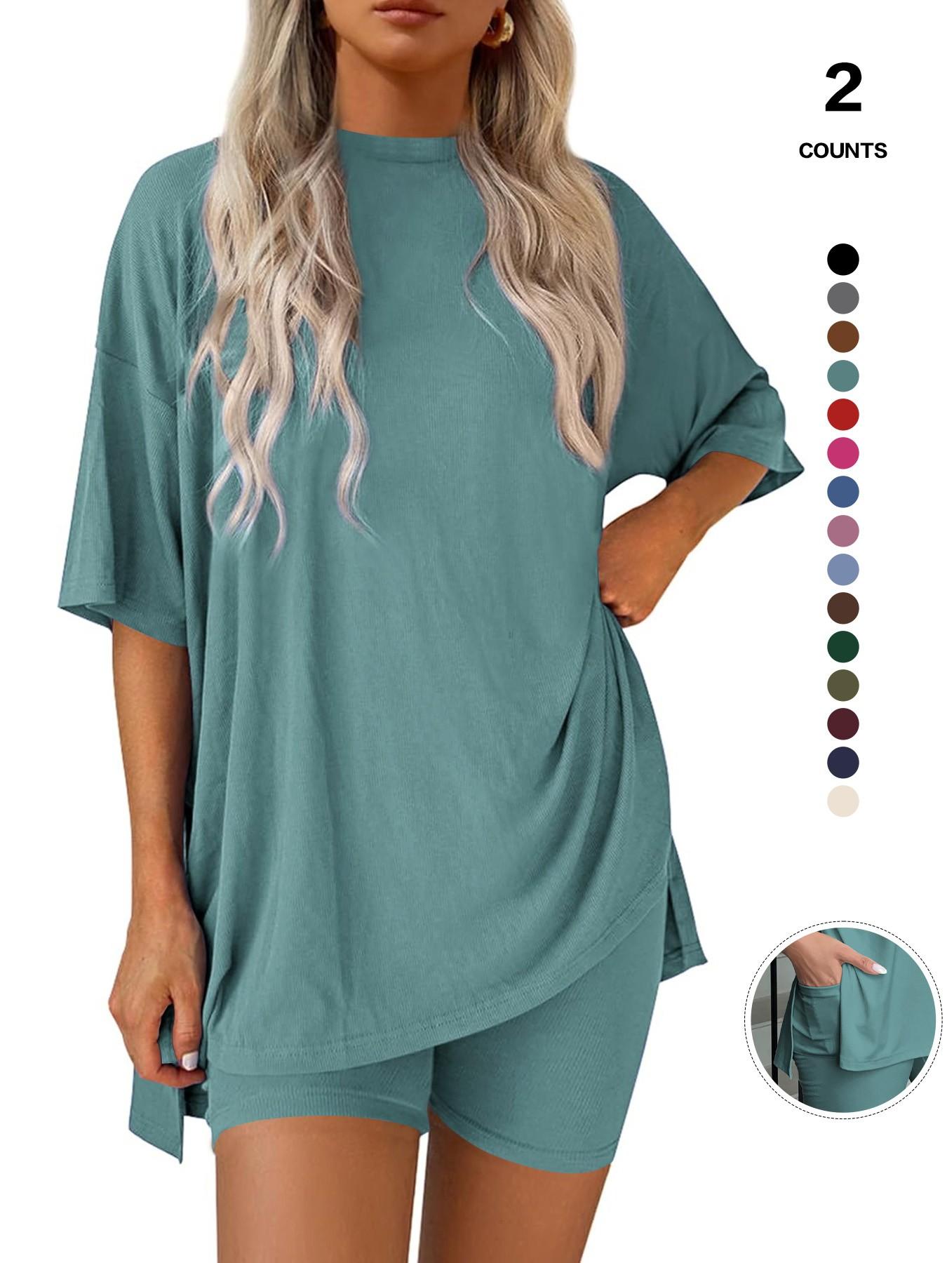 Cozy Mama Lounge Set, Women's 2-Piece, Crew Neck Oversized T-Shirts, Comfortable Home Wear, Perfect for Relaxing at Home