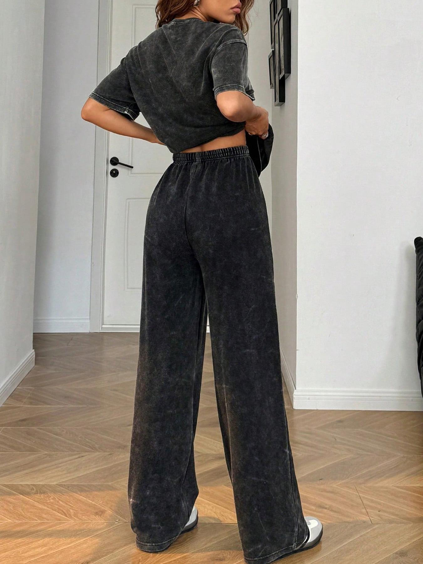 Spring and Summer Sports Plus Size Two-piece Set with cartoon print, Tie-dye Washed Vintage Short Sleeve T-shirt and Wide-leg Pants, Plus Size Women's Jogging Outfit