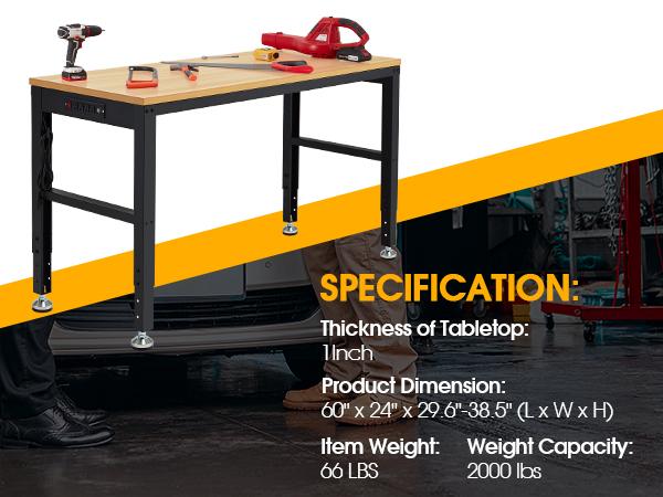 Adjustable Height Wood Workbench, 60" L X 24" W 2000 Lbs Capacity Heavy Duty Work Bench, Smooth Surface Table with Power Outlets for Garage, Workshop, Office, Home