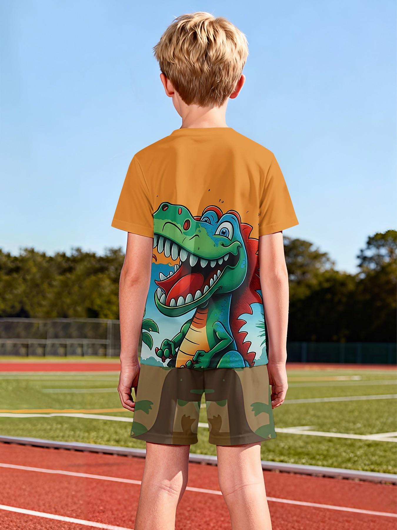 Chengqu Tyrannosaurus Rex Roar Two-Piece Set (Short Sleeve & Shorts), 100% Polyester Casual Loose Fit Outfit, Fun Printed Patterns for Summer, Outdoor Sports T-Shirt Set, Perfect Gift for Boys